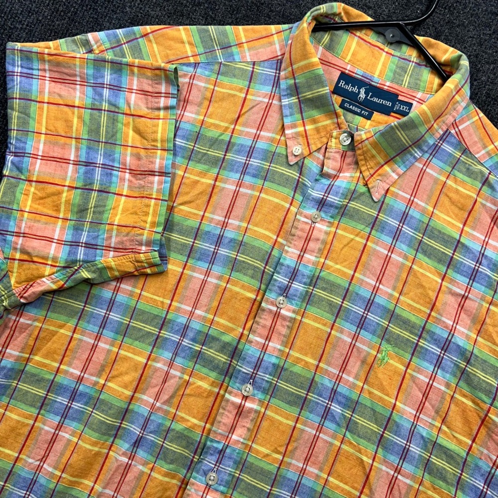 Ralph Lauren Classic Fit Plaid Shirt Mens XXL Short Sleeve Orange Green Multi